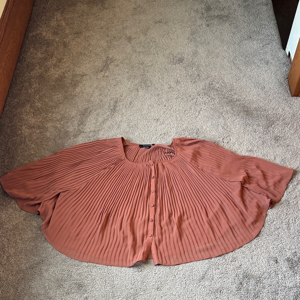 Forever 21 Pleated Cape Blouse Button Front Flowy Boho Top Dusty Rose SIZE S